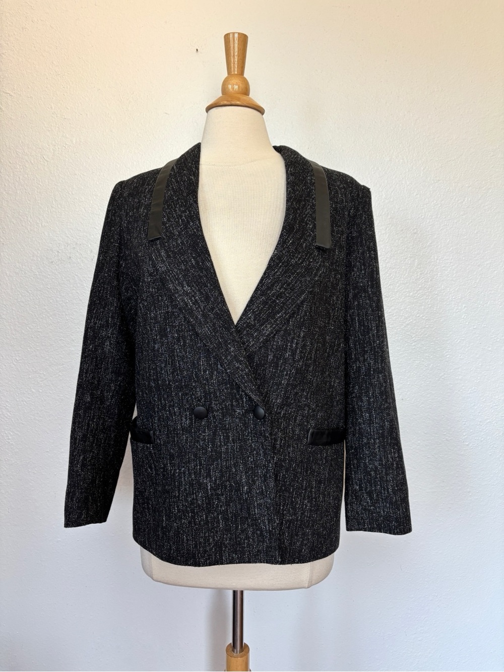 Vintage Wool Blend Double-Breasted Black Tweed Blazer Jacket